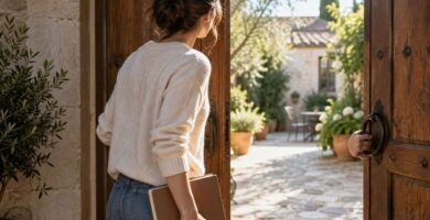 Una mujer con un cuaderno abre una puerta hacia un patio iluminado.