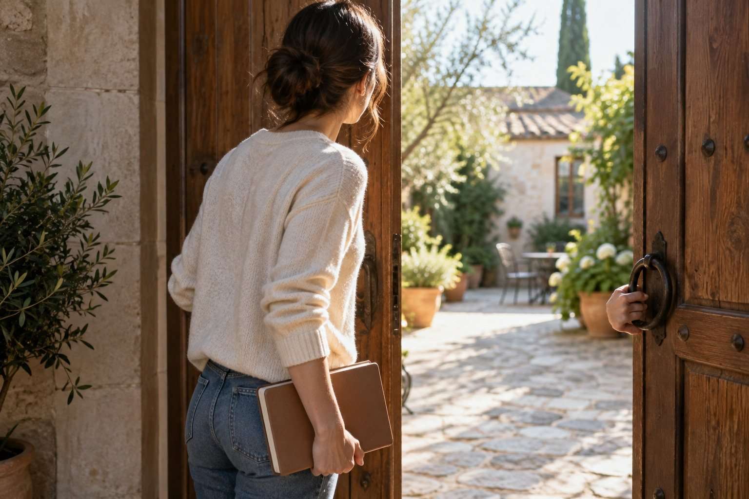 Una mujer con un cuaderno abre una puerta hacia un patio iluminado.