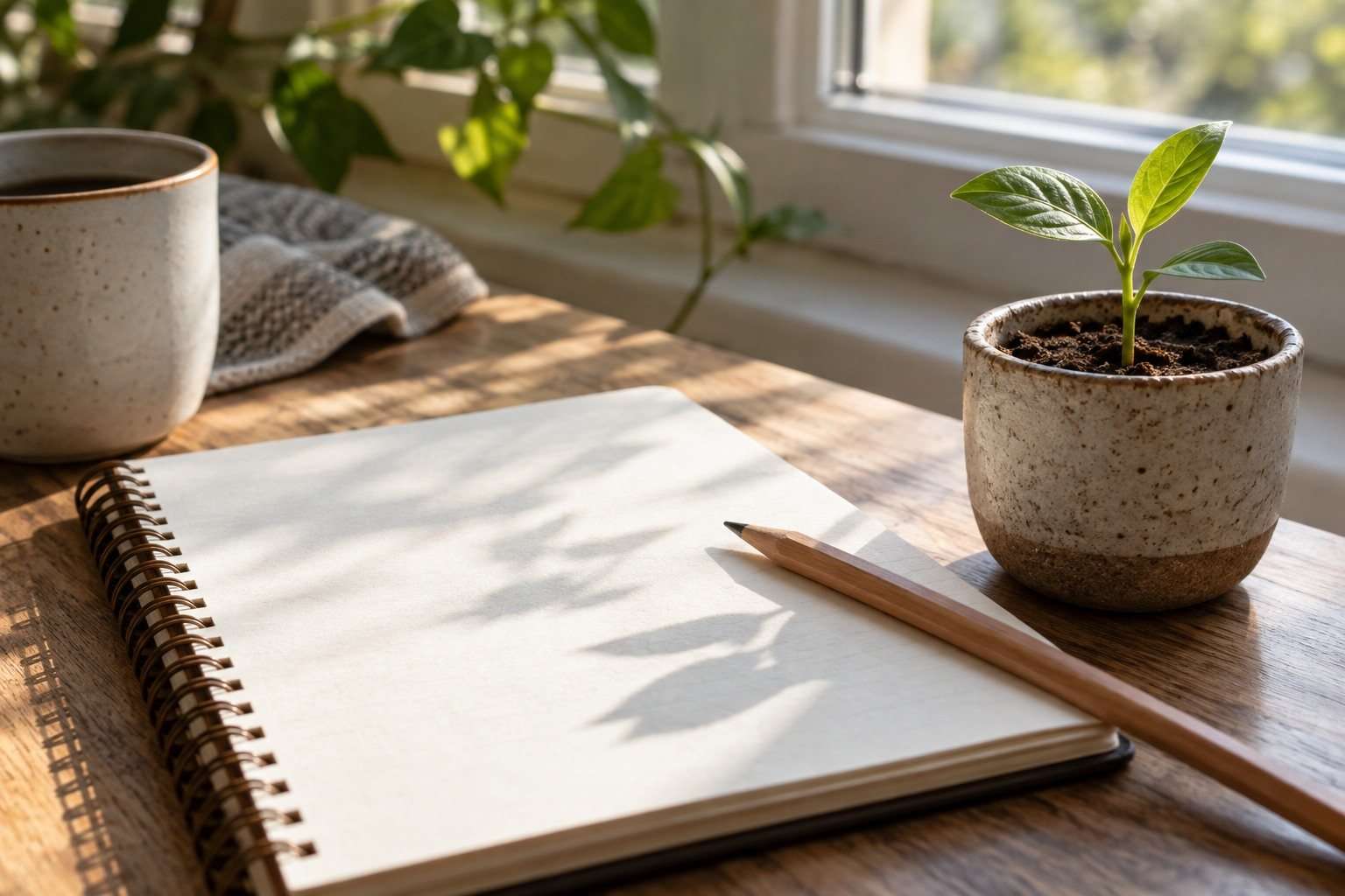 Un cuaderno abierto y una planta joven junto a una ventana.