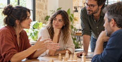 Cuatro profesionales conversan y escuchan durante una actividad creativa con piezas de madera