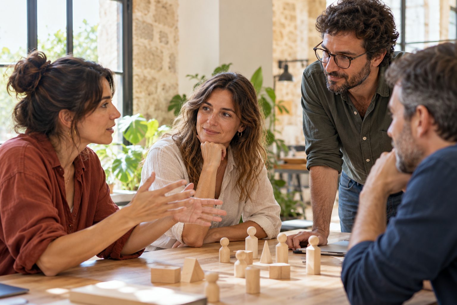 Cuatro profesionales conversan y escuchan durante una actividad creativa con piezas de madera